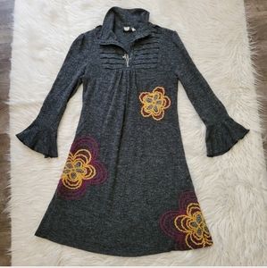 Freelance Dress Sz M Embroidered Boho Floral Gray Collar Junior Women